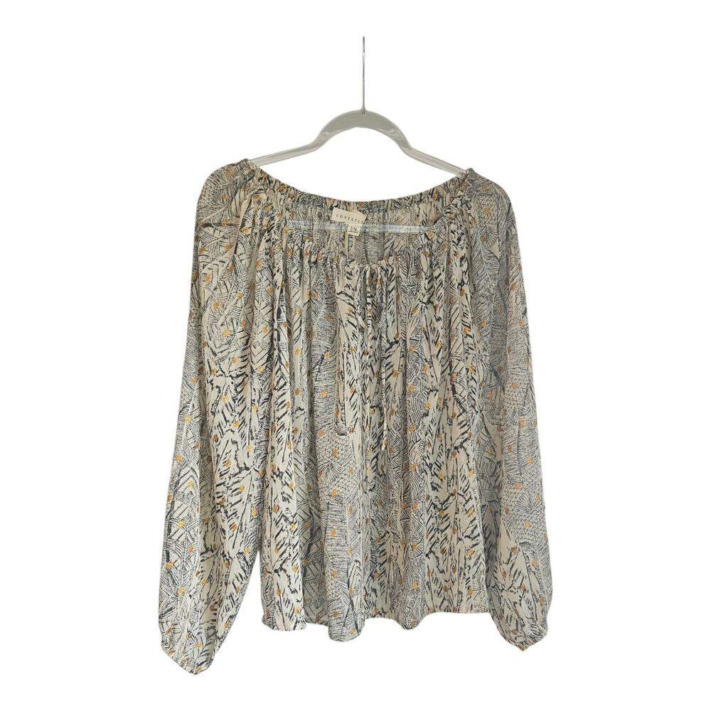 Love Stitch Gold Foil Shirred Neck Blouse Women S/M Natural Boho Semi Sheer